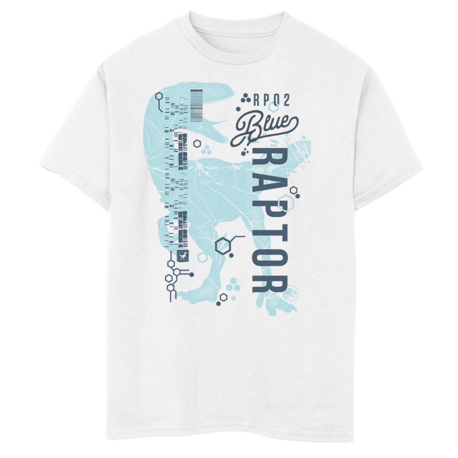 Синяя футболка с рисунком ДНК-кода «Мир Юрского периода» для мальчиков 8–20 лет Jurassic Park, белый