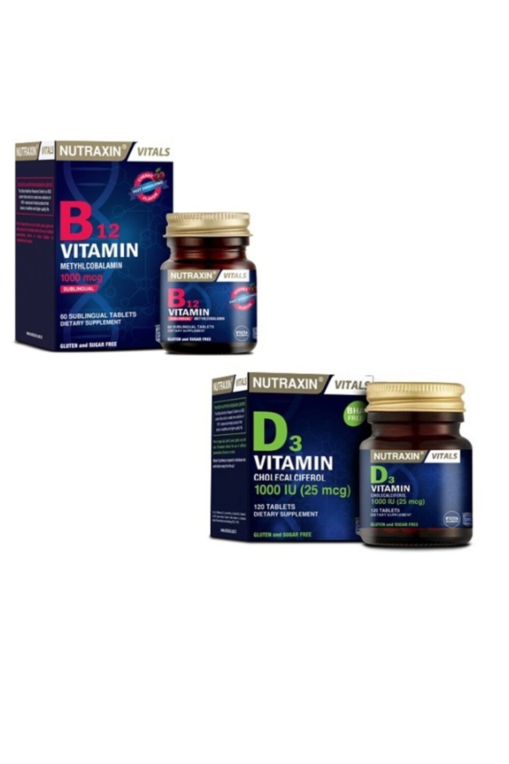 

Nutraxin Витамин B12 1000 мкг 60 подъязычных таблеток Витамин D3 1000 МЕ 120 таблеток