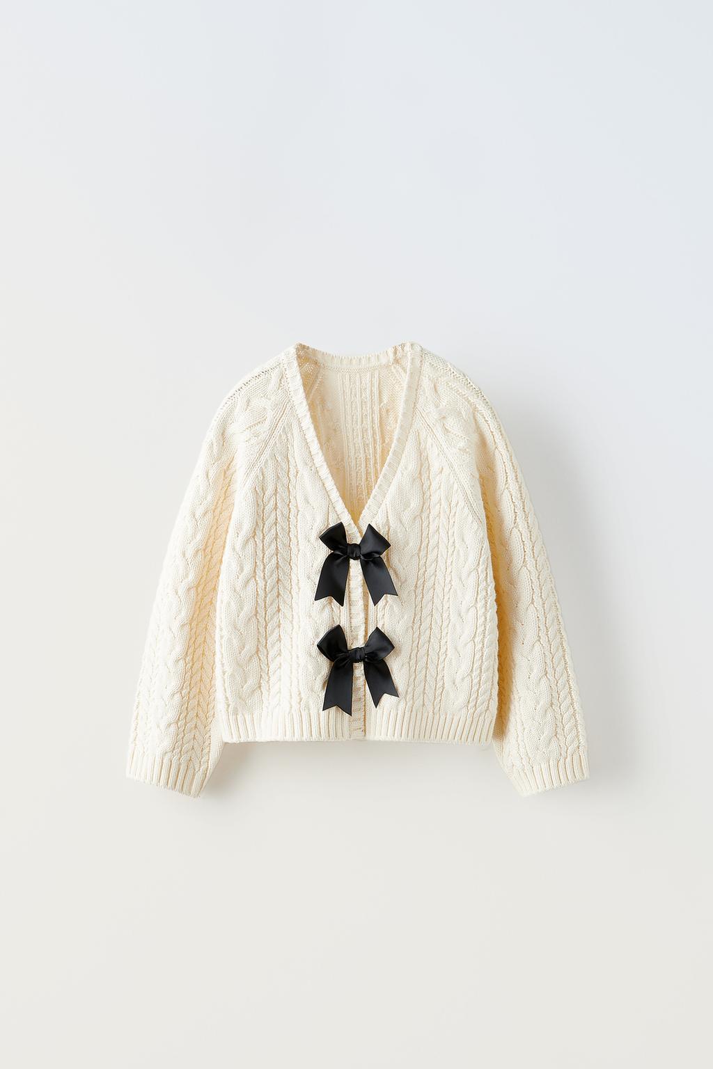 Вязанный кардиган с бантами ZARA, экрю женский винтажный вязаный свитер свободный кардиган с v образным вырезом и длинными рукавами универсальный осень зима 2023