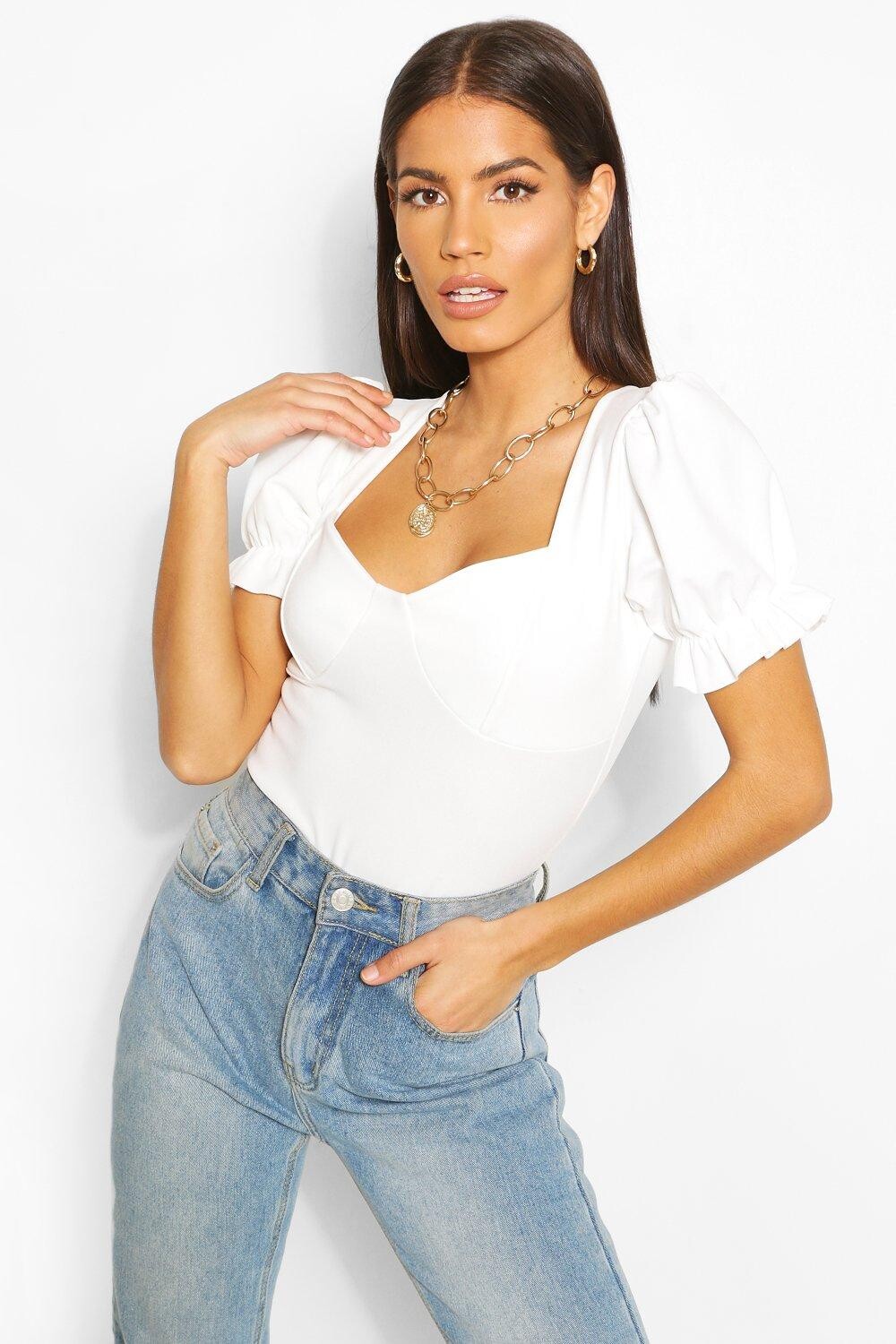 

Боди с рукавами из крепа sweetheart Boohoo, слоновая кость