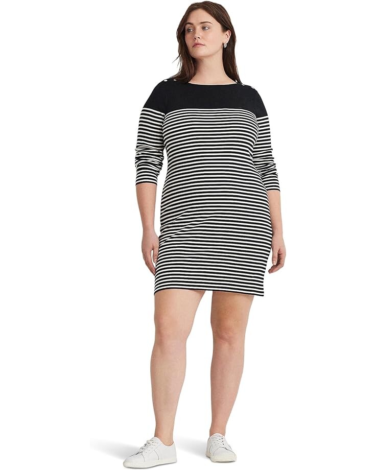 

Платье LAUREN Ralph Lauren Plus-Size Striped Cotton Boatneck, черный