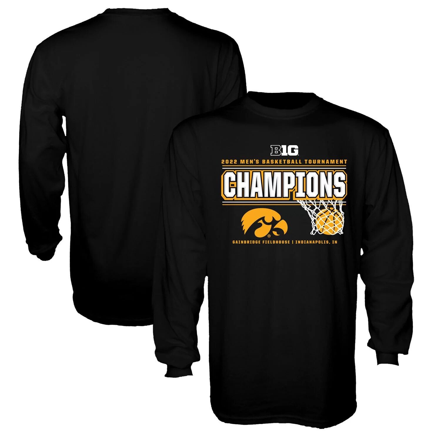 

Мужская синяя 84 черная футболка Iowa Hawkeyes 2022 Big Ten мужская баскетбольная конференция турнира чемпионов в раздевалке футболка с длинным рукавом, Черный