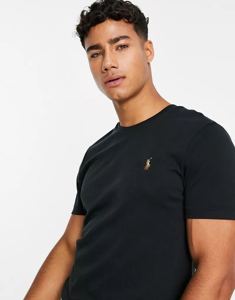 

Черная хлопковая футболка узкого кроя Polo Ralph Lauren с разноцветным логотипом в виде пони