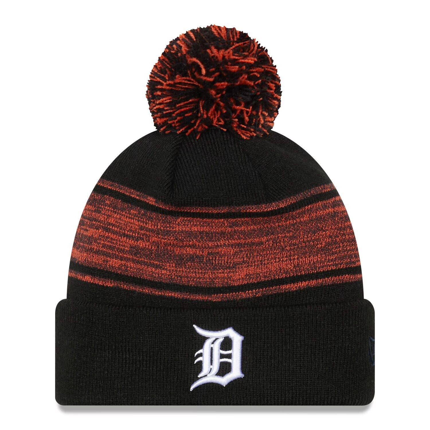 

Мужская черная вязаная шапка New Era Detroit Tigers с манжетами и помпоном