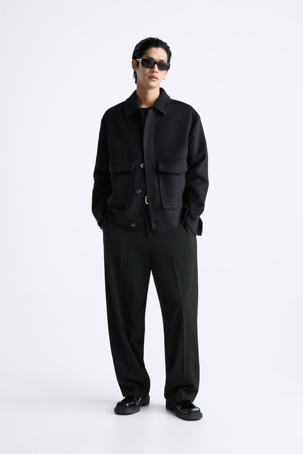 

Двубортная куртка из смесовой шерсти ZARA, черный