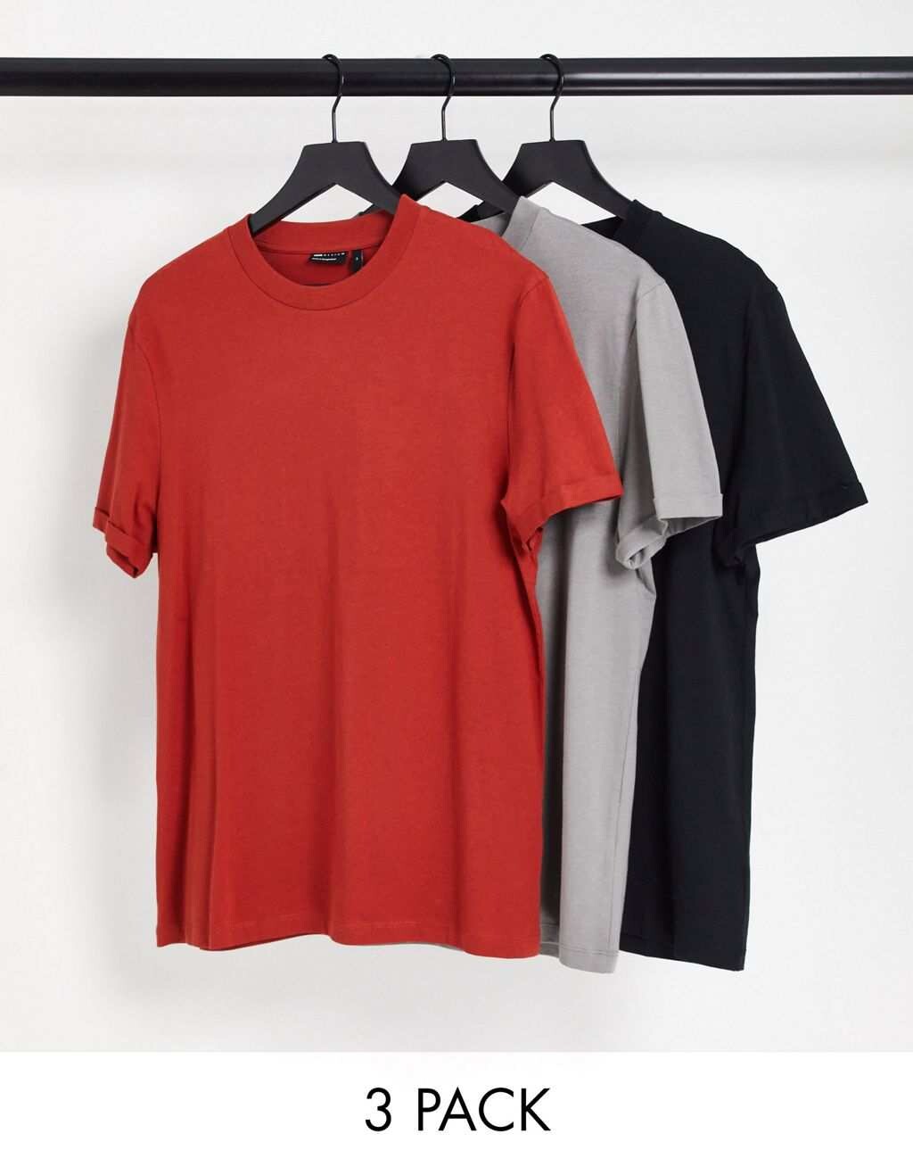 

Комплект из трех футболок с закатанными рукавами ASOS DESIGN красного, серого и черного цветов