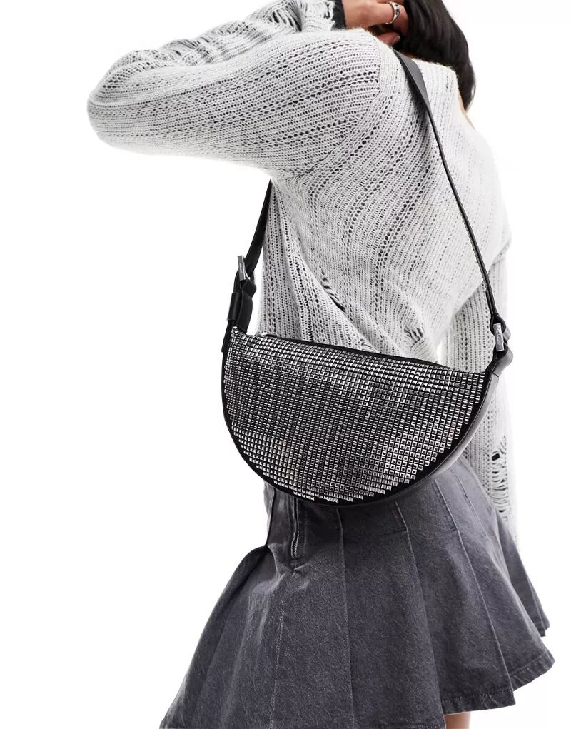 Черная кожаная сумка через плечо AllSaints с заклепками в форме полумесяца