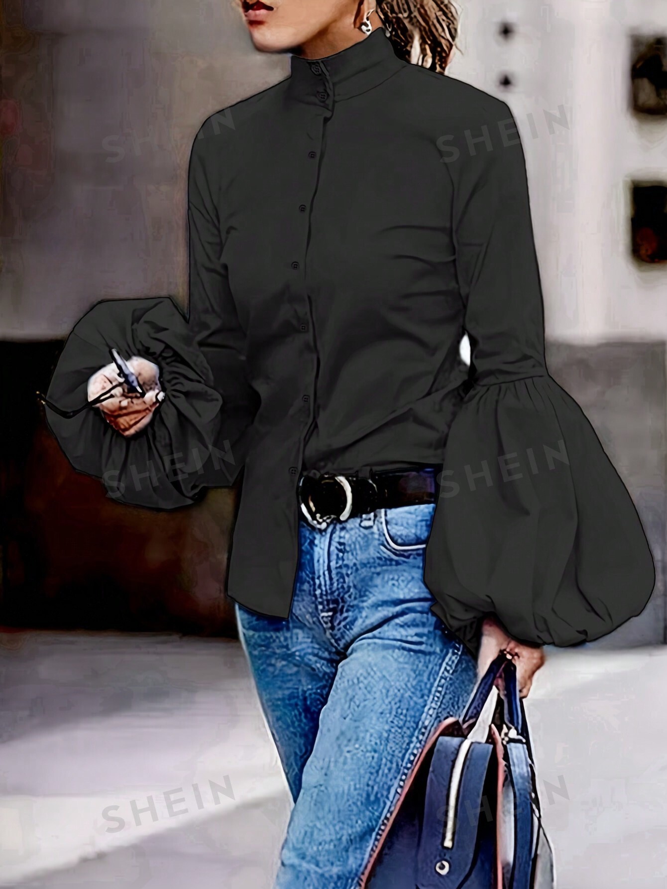 SHEIN Essnce Женская блузка с воротником-стойкой и рукавами-фонариками, черный женская блуза с длинным рукавом фонариком и воротником стойкой