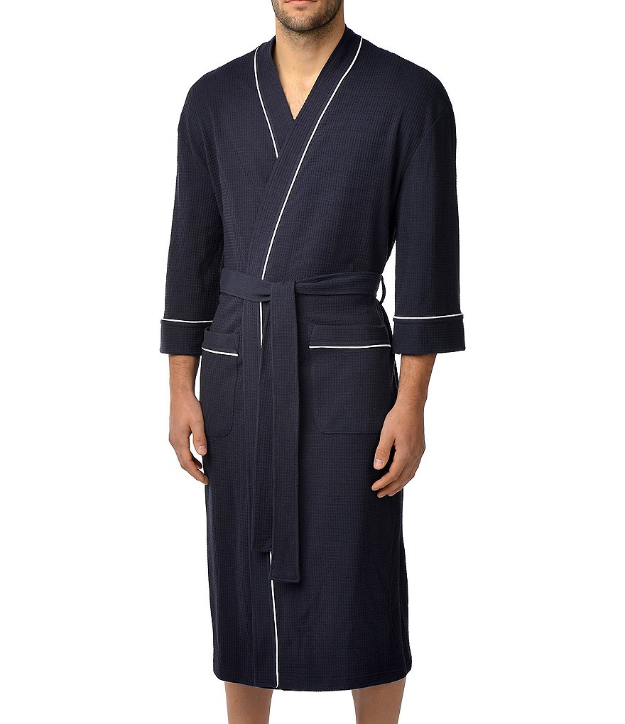 Majestic Большой и высокий халат вафельной вязки с длинными рукавами и кимоно, синий
