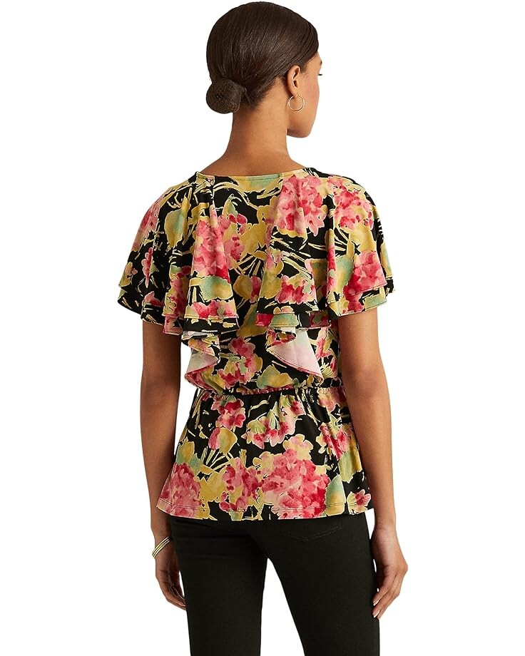 

Топ LAUREN Ralph Lauren Petite Floral Ruffle-Trim Surplice Jersey Top, черный мульти