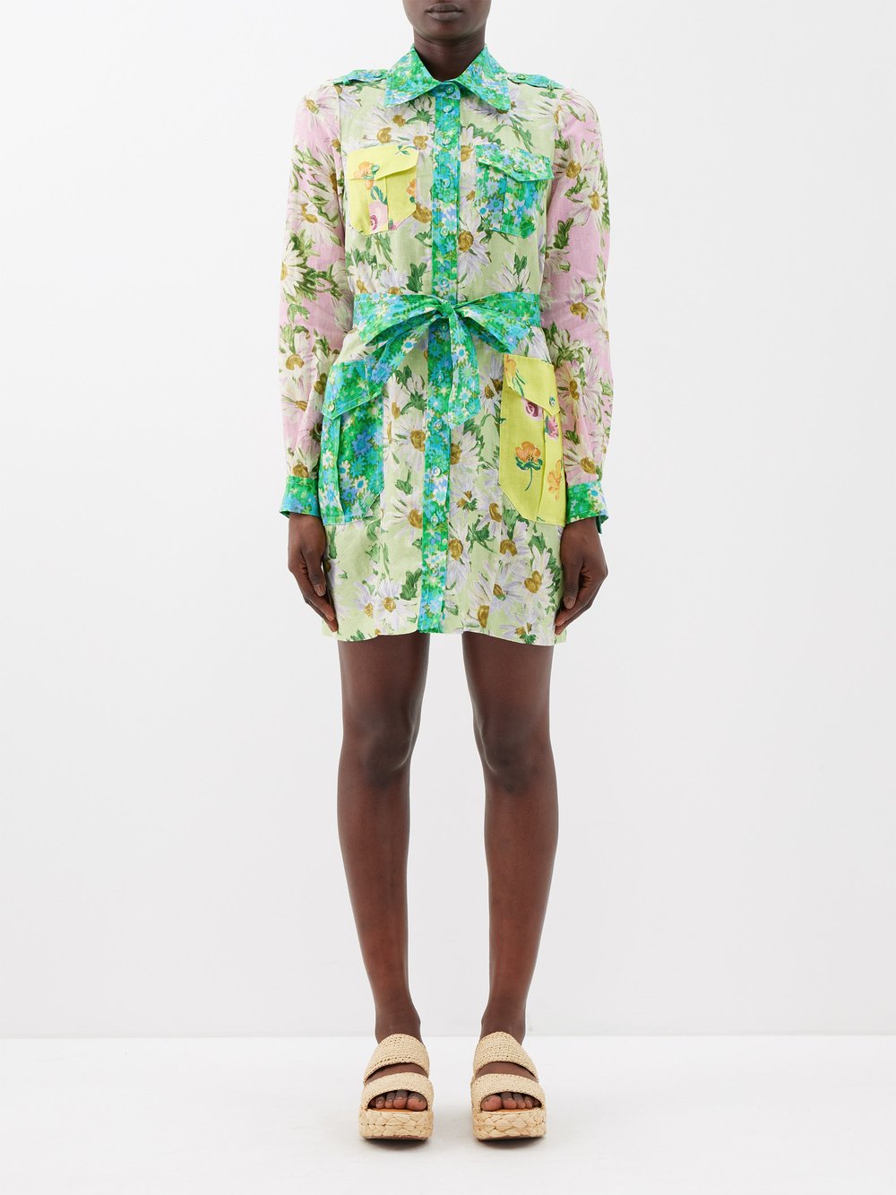 Льняное платье-рубашка kenzie мини в стиле пэчворк с цветочным принтом ALÉMAIS, зеленый