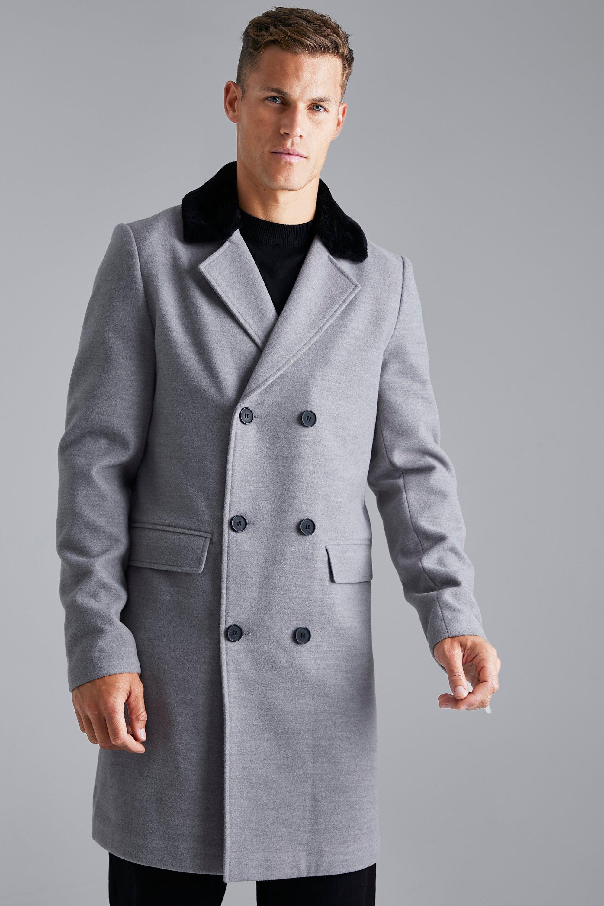 Высокое двубортное пальто из искусственного меха Boohoo, серый