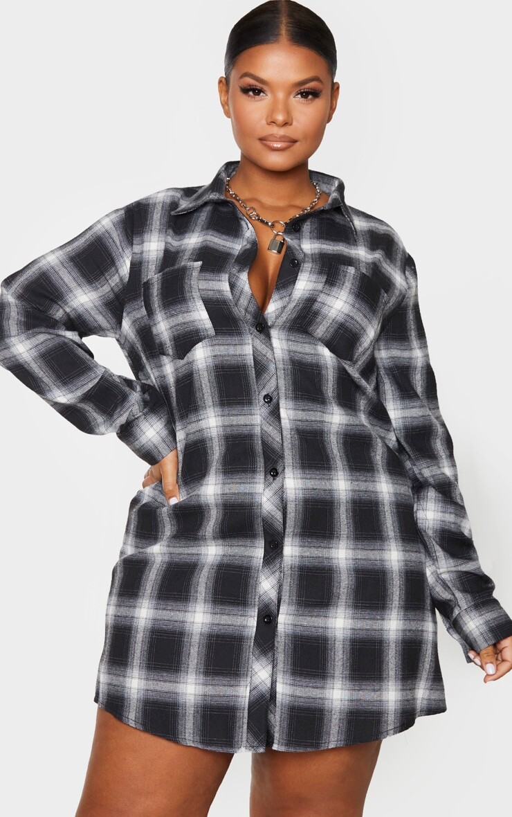 

PrettyLittleThing Плюс черное платье-рубашка оверсайз в клетку