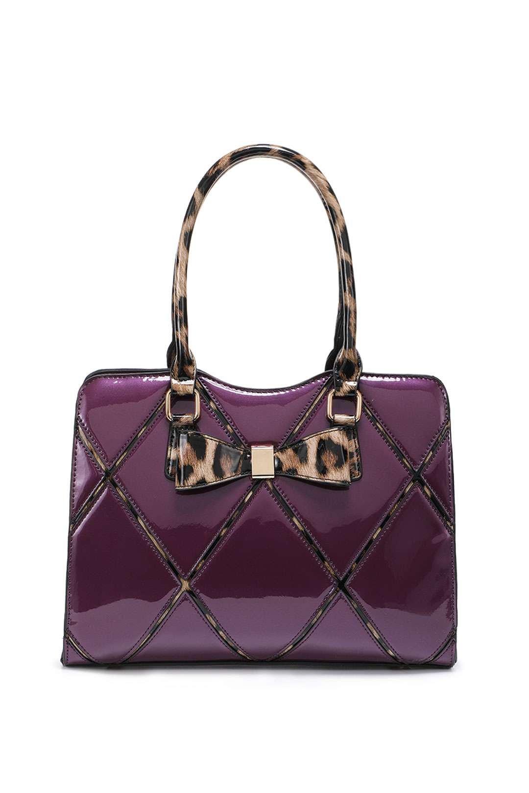 Большая сумка через плечо из глянцевого лака с крестообразным бантом и леопардовым принтом Kitise, фиолетовый