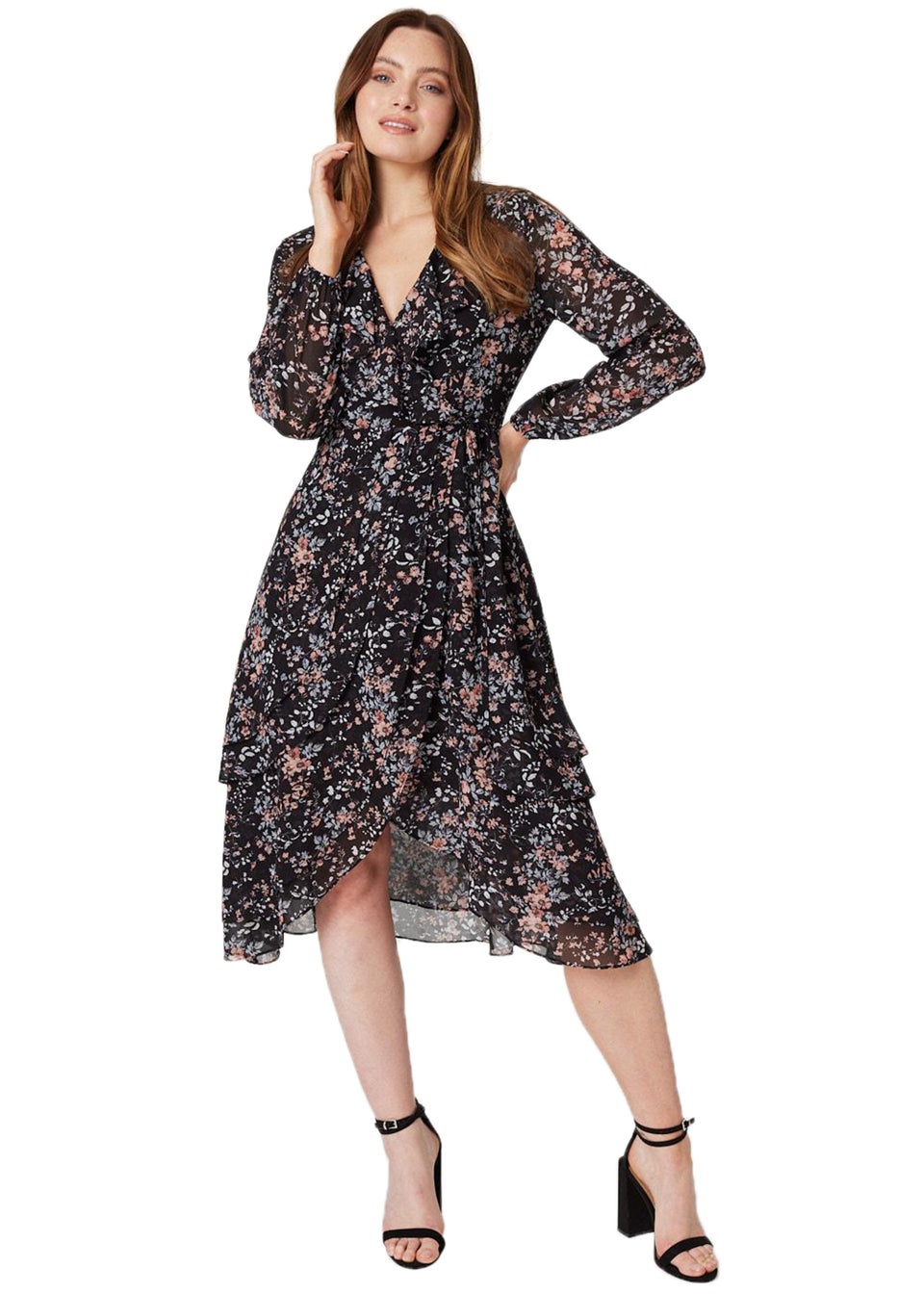 Izabel London Черное платье миди с высоким низом и запахом с цветочным принтом многослойная юбка миди next
