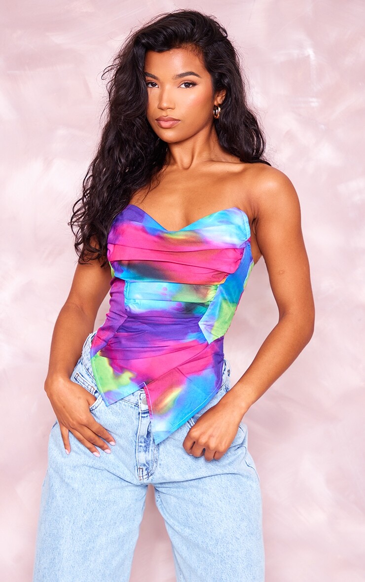 

PrettyLittleThing Фиолетовый тканый асимметричный корсет с заостренным краем и абстрактным принтом