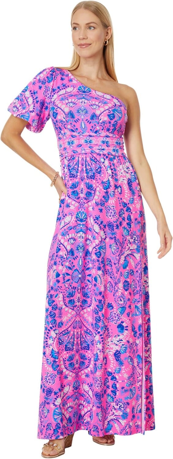 

Платье Solana One Shoulder Maxi Lilly Pulitzer, цвет Havana Pink Turtle Tidepool Engineered Knit Dress