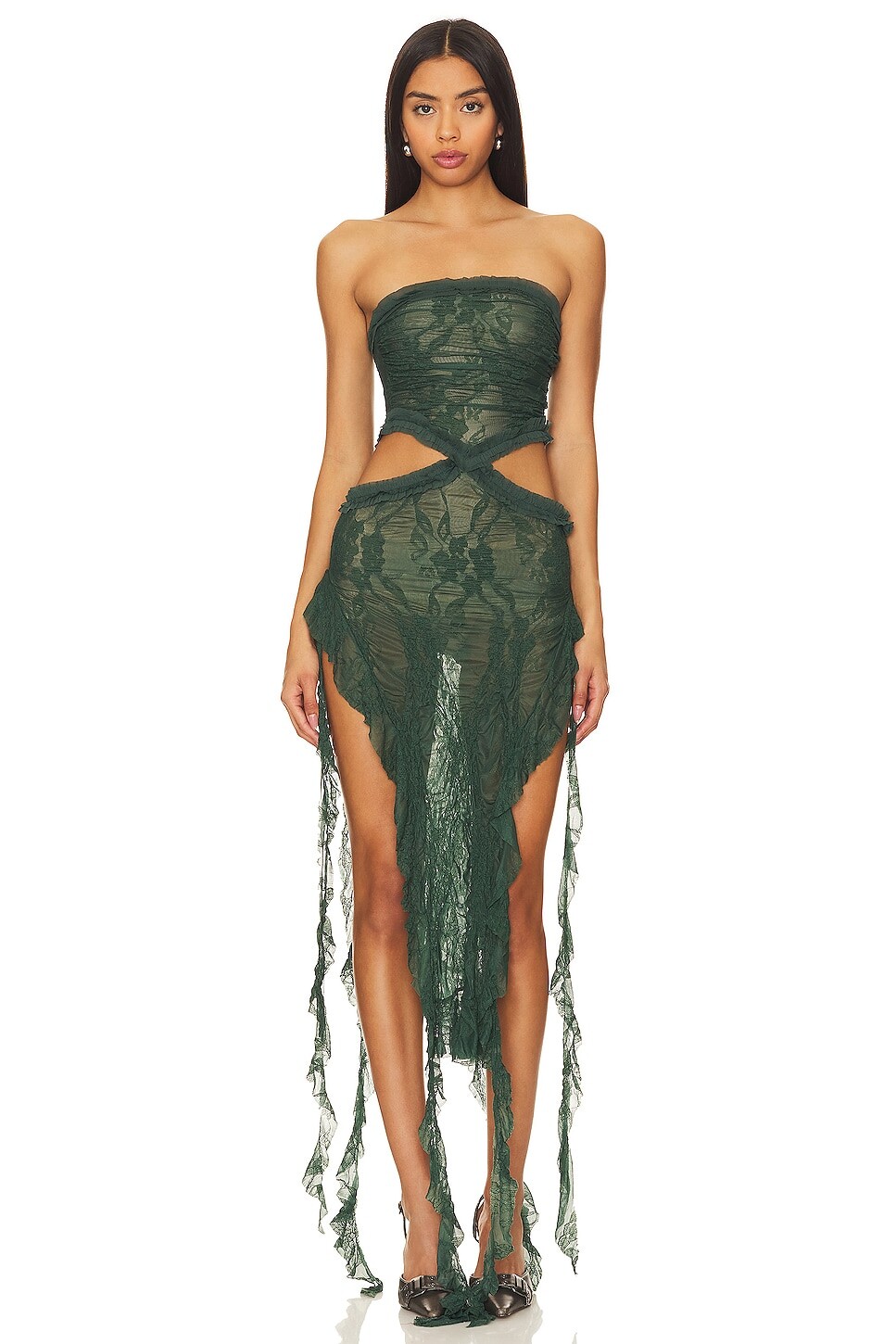 

Платье Jaded London Scrunch Lace Ruffle, оливковый