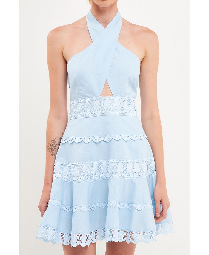Женское платье с кружевной отделкой через шею с бретелькой на шее endless rose, синий юбка с кружевной отделкой синяя