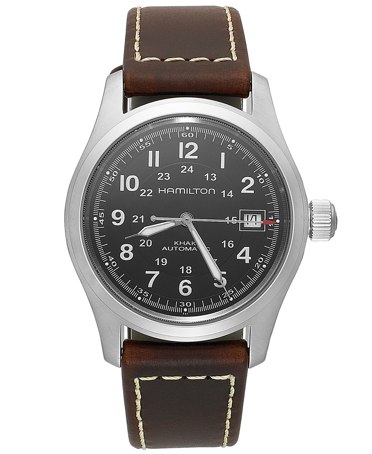 Мужские швейцарские автоматические часы цвета хаки с коричневым кожаным ремешком, 38 мм H70455533 Hamilton