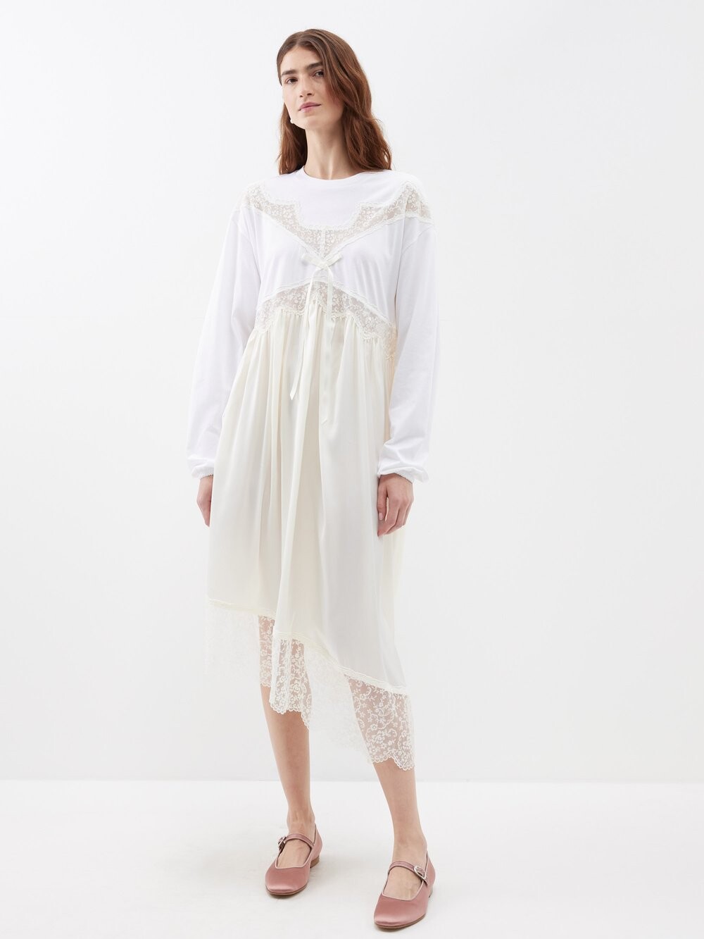 

Платье миди из хлопкового джерси и атласа с кружевной отделкой Simone Rocha, белый