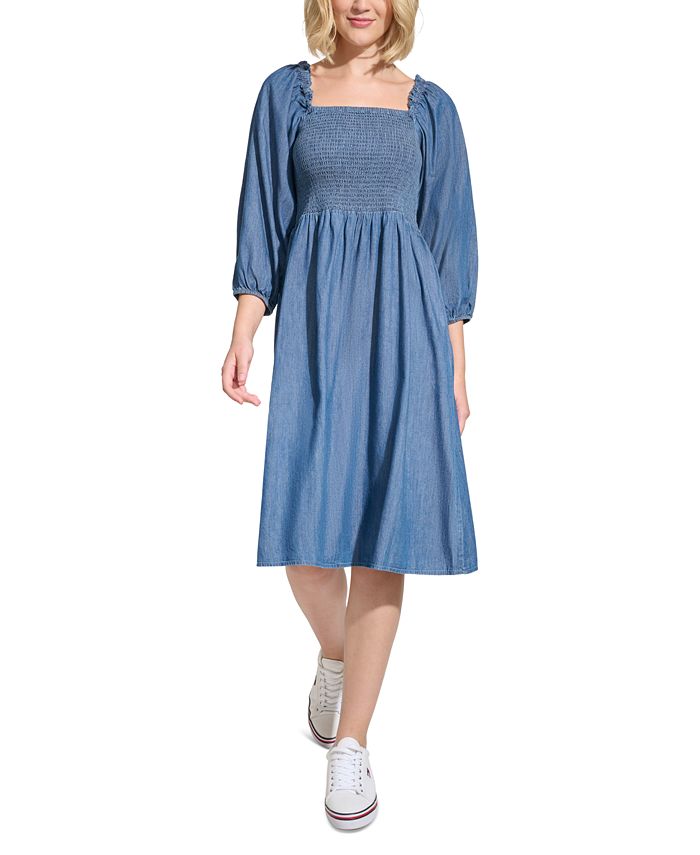 Женское платье миди из шамбре со сборками Tommy Hilfiger, синий платье из денима шамбре со сборками 3 9 лет whistles синий