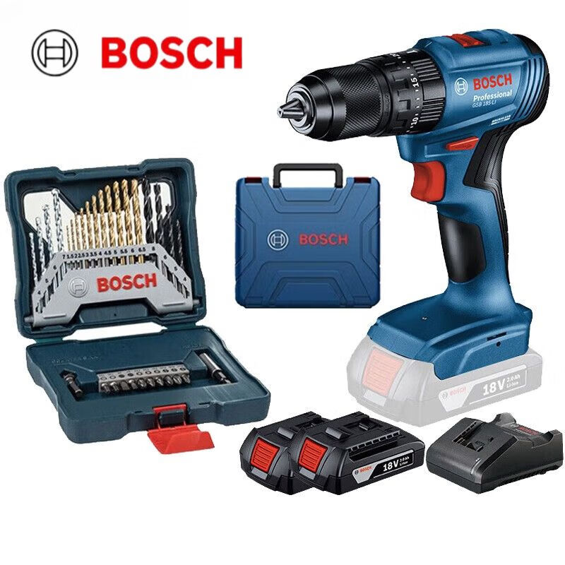 Дрель электрическая Bosch GSB185-Li + два аккумулятора, зарядное устройство, набор насадок