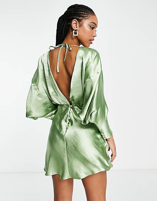 

Яркое атласное мини-платье с открытой спиной и пышными рукавами ASOS DESIGN