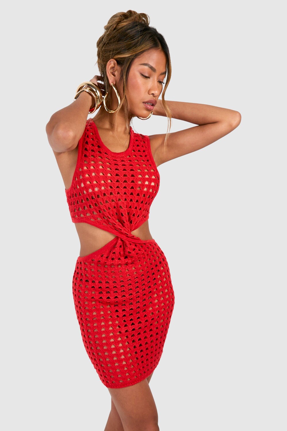 

Мини-платье с закрученным передом, связанное крючком boohoo, оранжевый