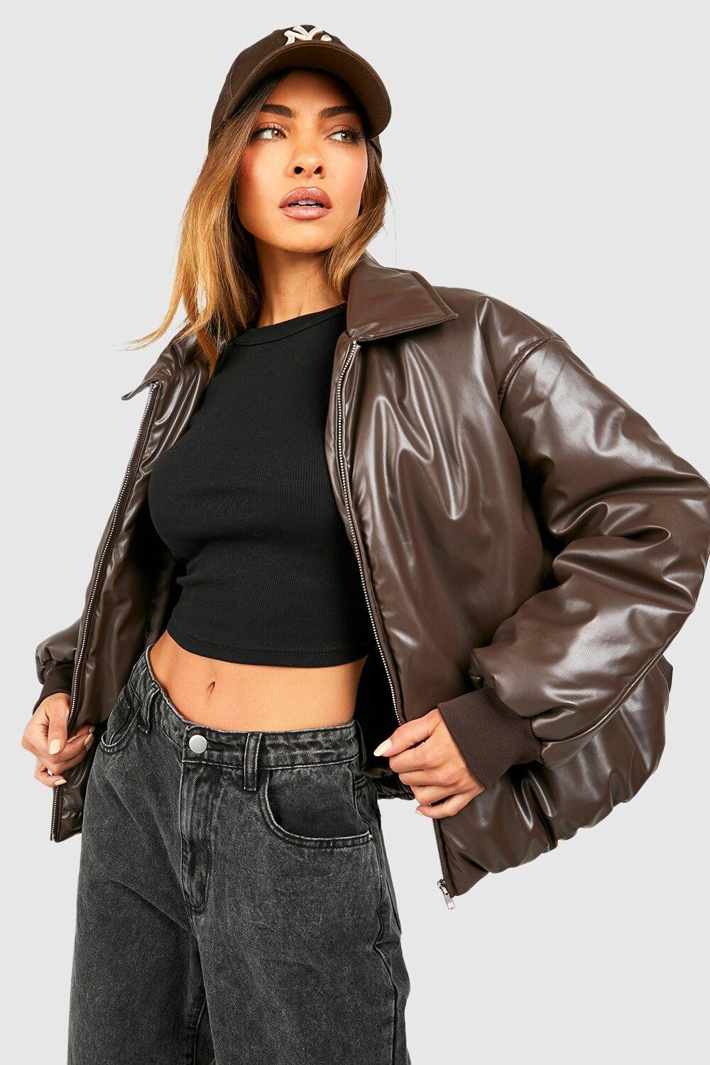 

Утепленная куртка-бомбер из искусственной кожи boohoo, коричневый