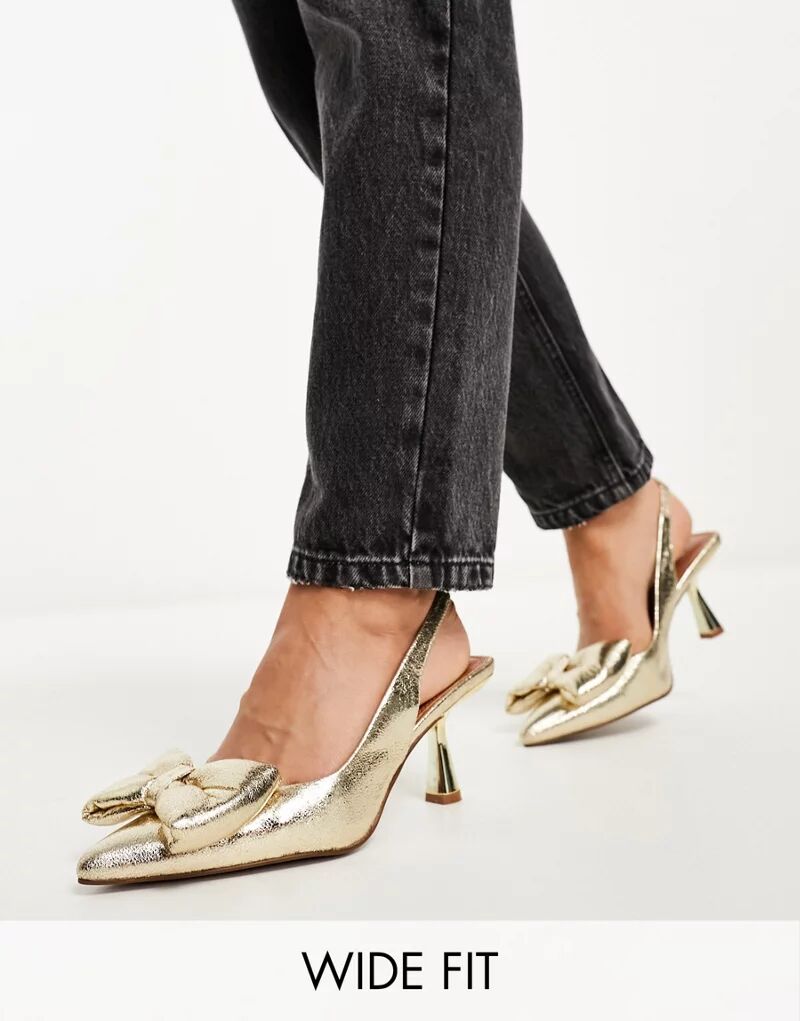Золотистые туфли на среднем каблуке с бантом ASOS Wide Fit Scarlett