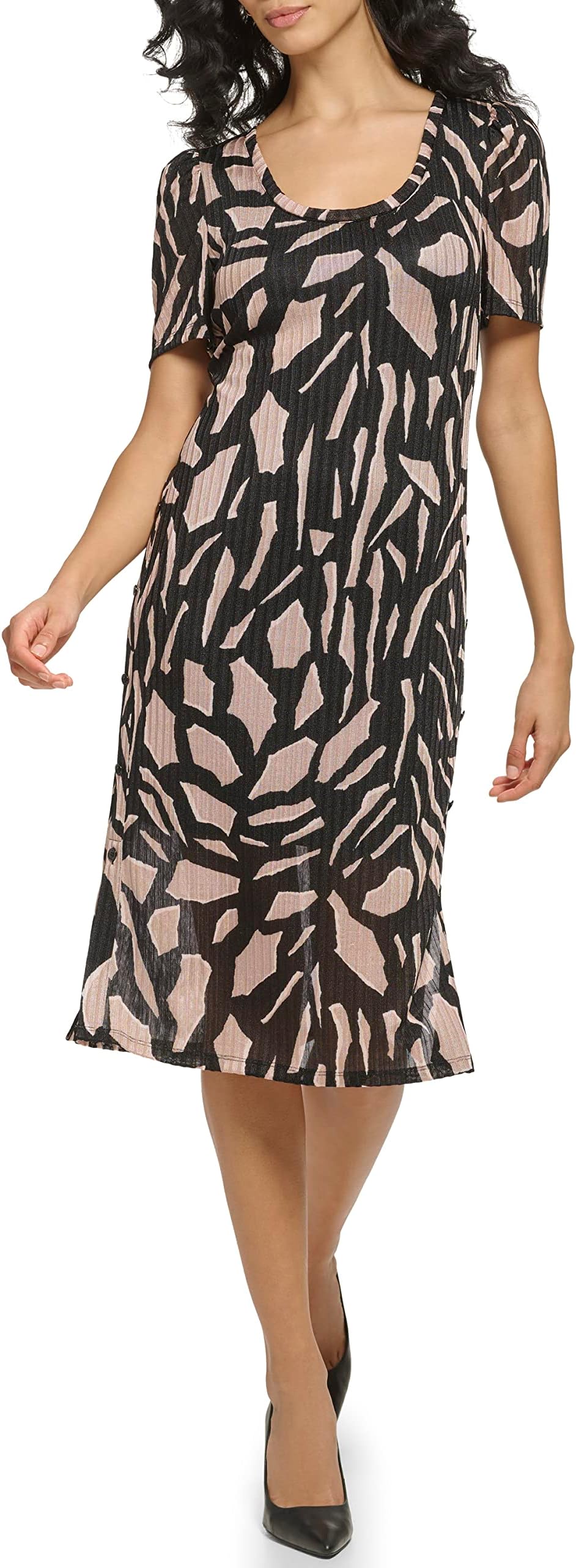 Платье миди Hacci с короткими рукавами и принтом DKNY, цвет Black/Cafe Au Lait Multi