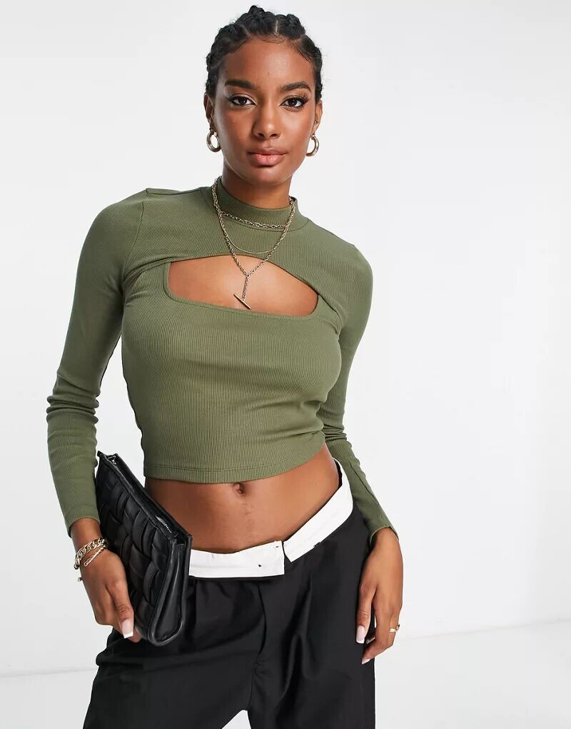 

Оливковый топ в рубчик с длинными рукавами и вырезом ASOS 2 в 1