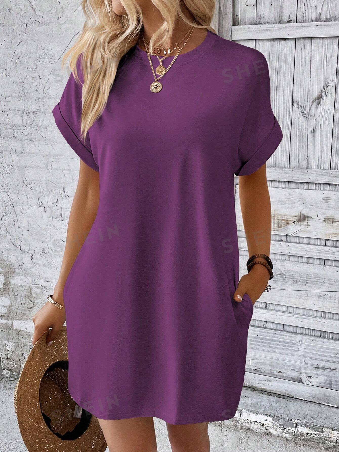 женский свободный свитер с круглым вырезом и рукавом летучая мышь SHEIN LUNE Однотонное платье с рукавами «летучая мышь» и диагональными карманами, фиолетовый