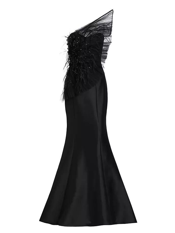 

Атласное платье-раструб с перьями веера Badgley Mischka, черный
