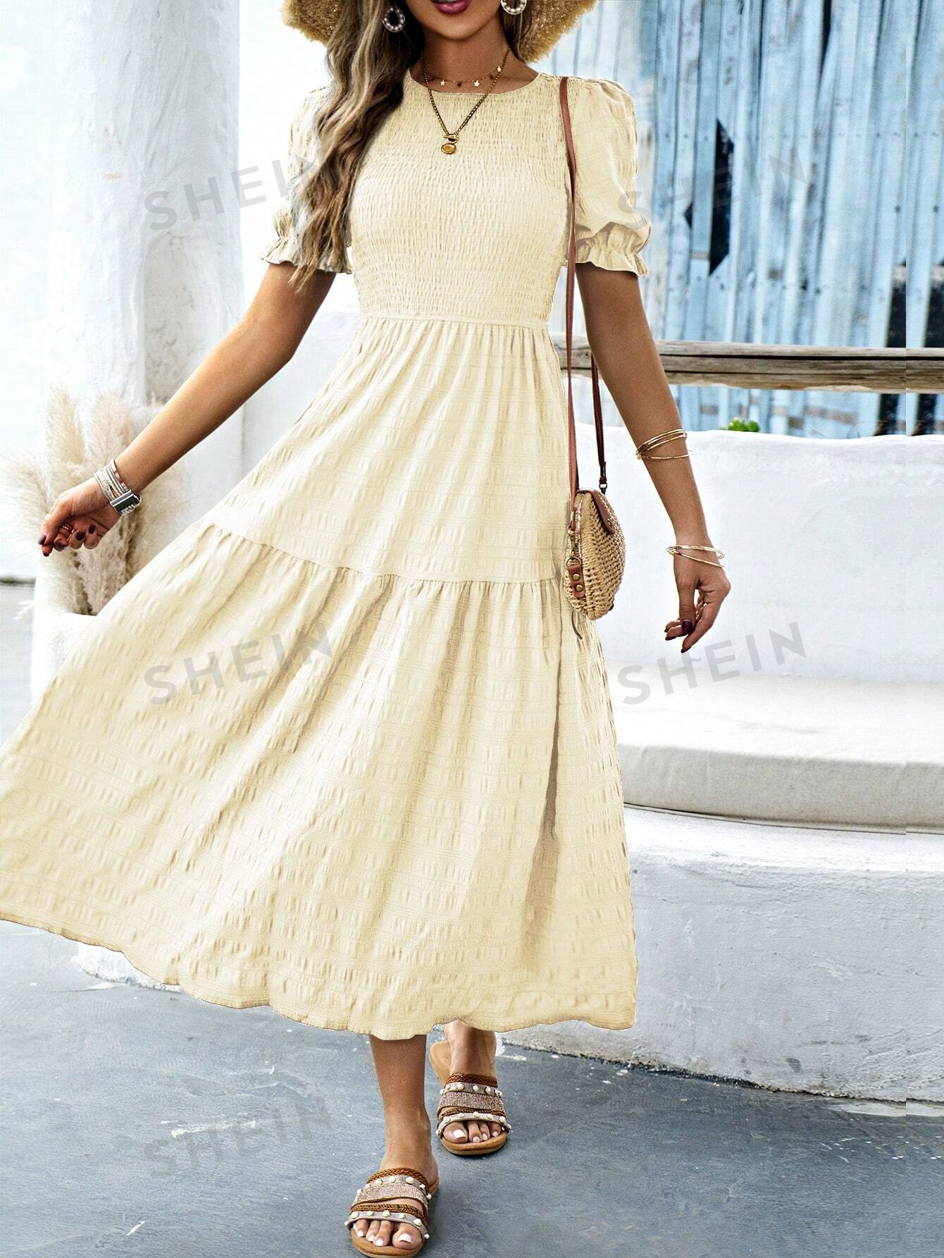 SHEIN VCAY женское свободное платье с круглым вырезом и короткими рукавами-фонариками, желтый shein mod белая кружевная декорированная асимметричная юбка с рюшами по подолу белый