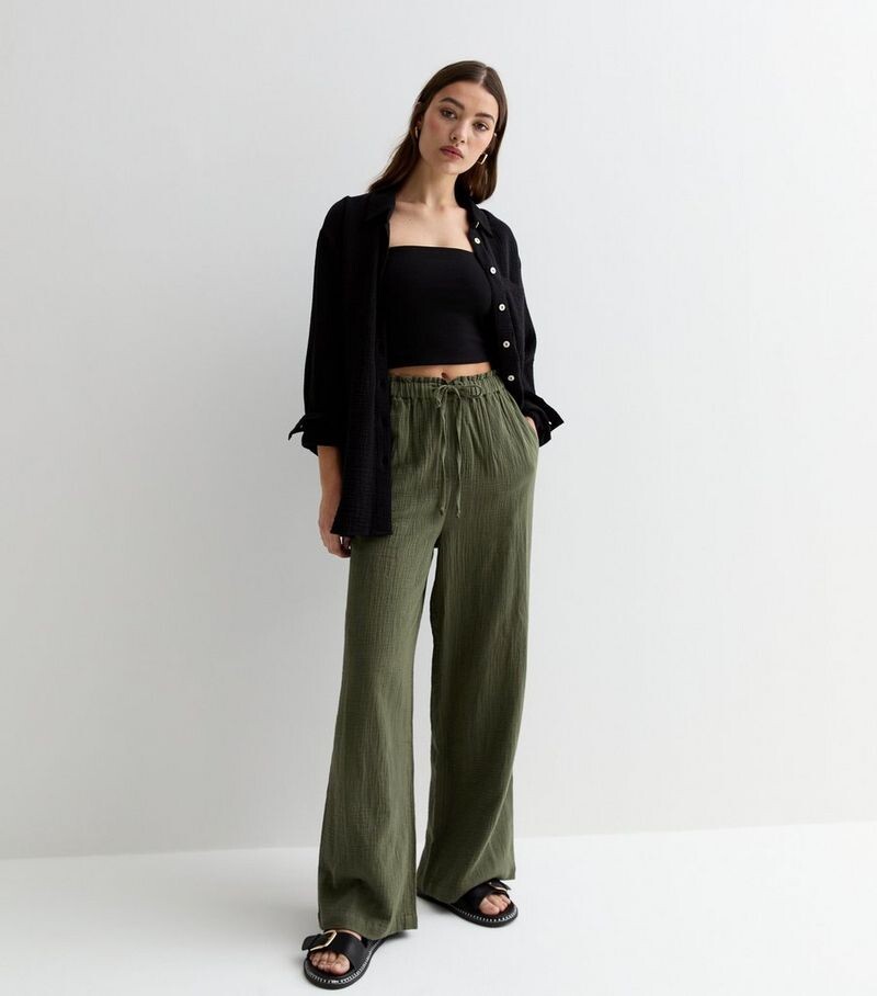 

Широкие хлопковые брюки цвета хаки New Look, хаки