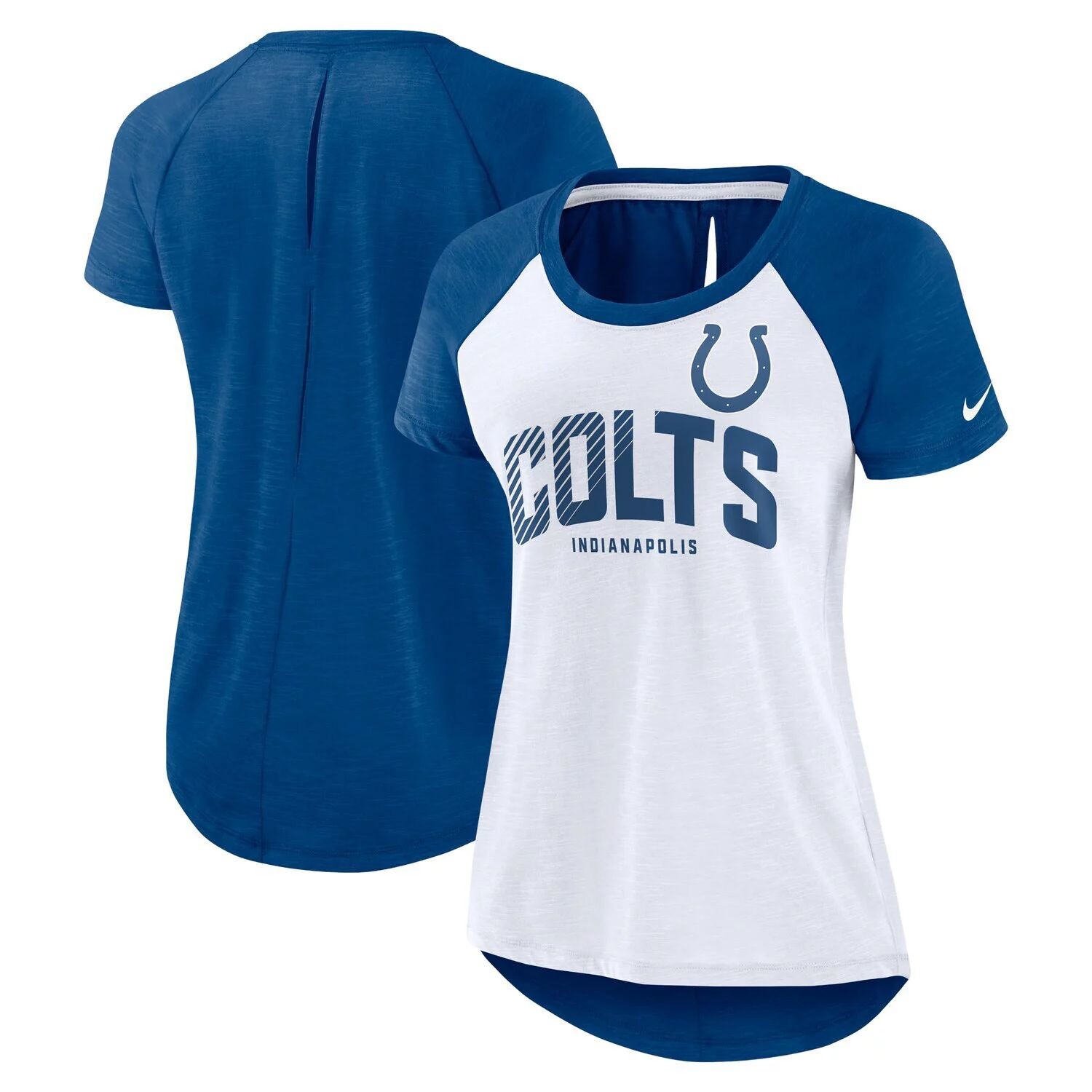 

Женская футболка реглан Nike White/Heather Royal Indianapolis Colts с вырезом на спине Nike