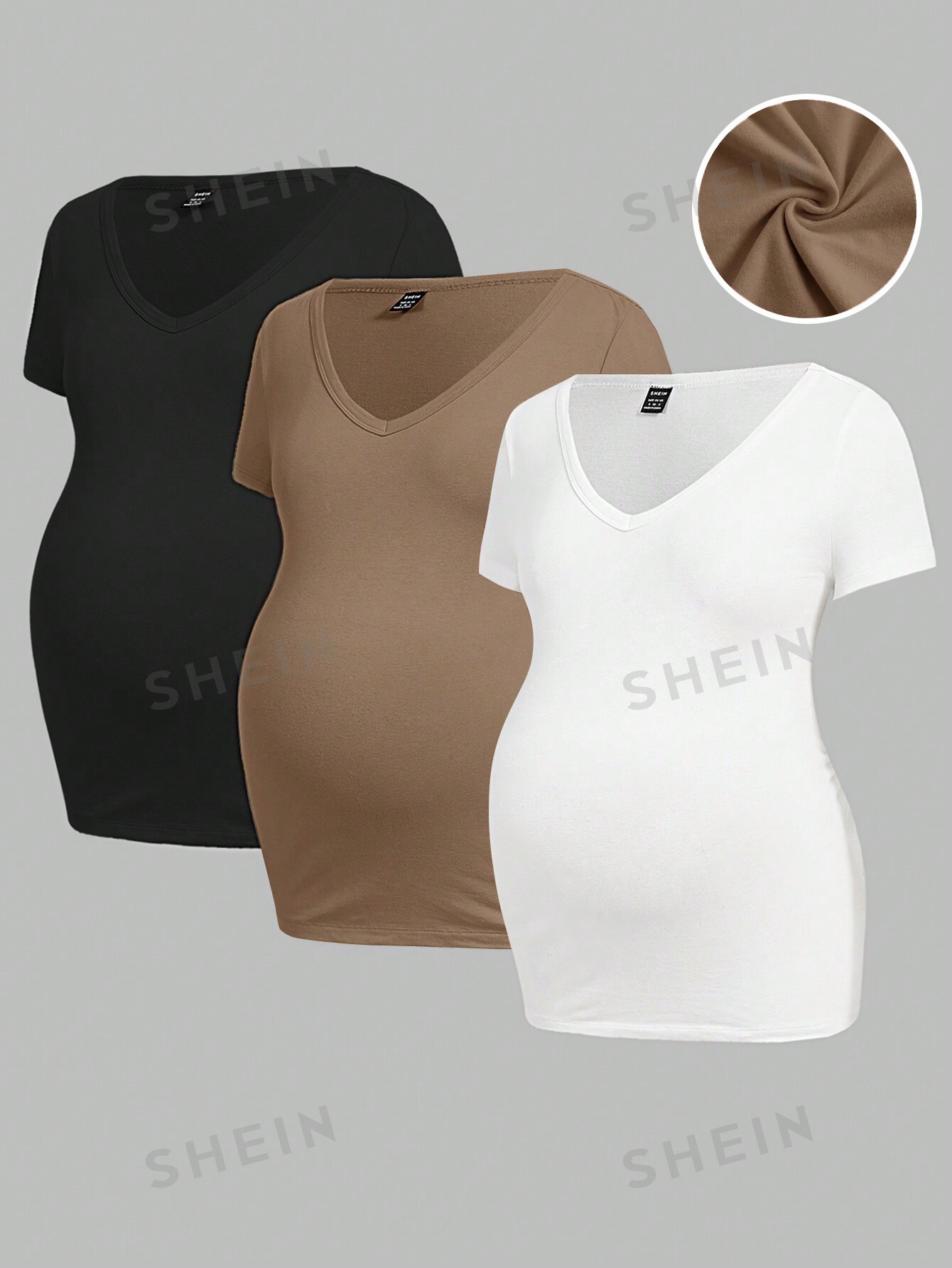 shein yoga базовая однотонная спортивная одежда приталенного кроя темно серый SHEIN Однотонная футболка для беременных с v-образным вырезом, хаки