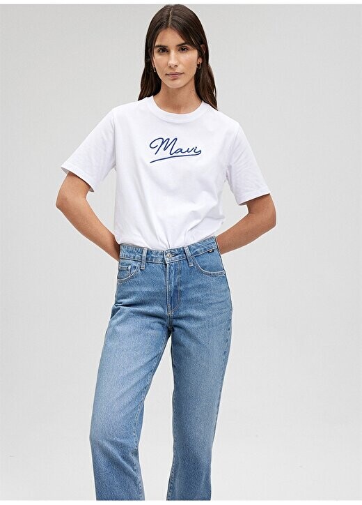 

Белая женская футболка с круглым вырезом M1612421-620-ФУТБОЛКА С ПРИНТОМ BLUE JEANS Mavi, белый