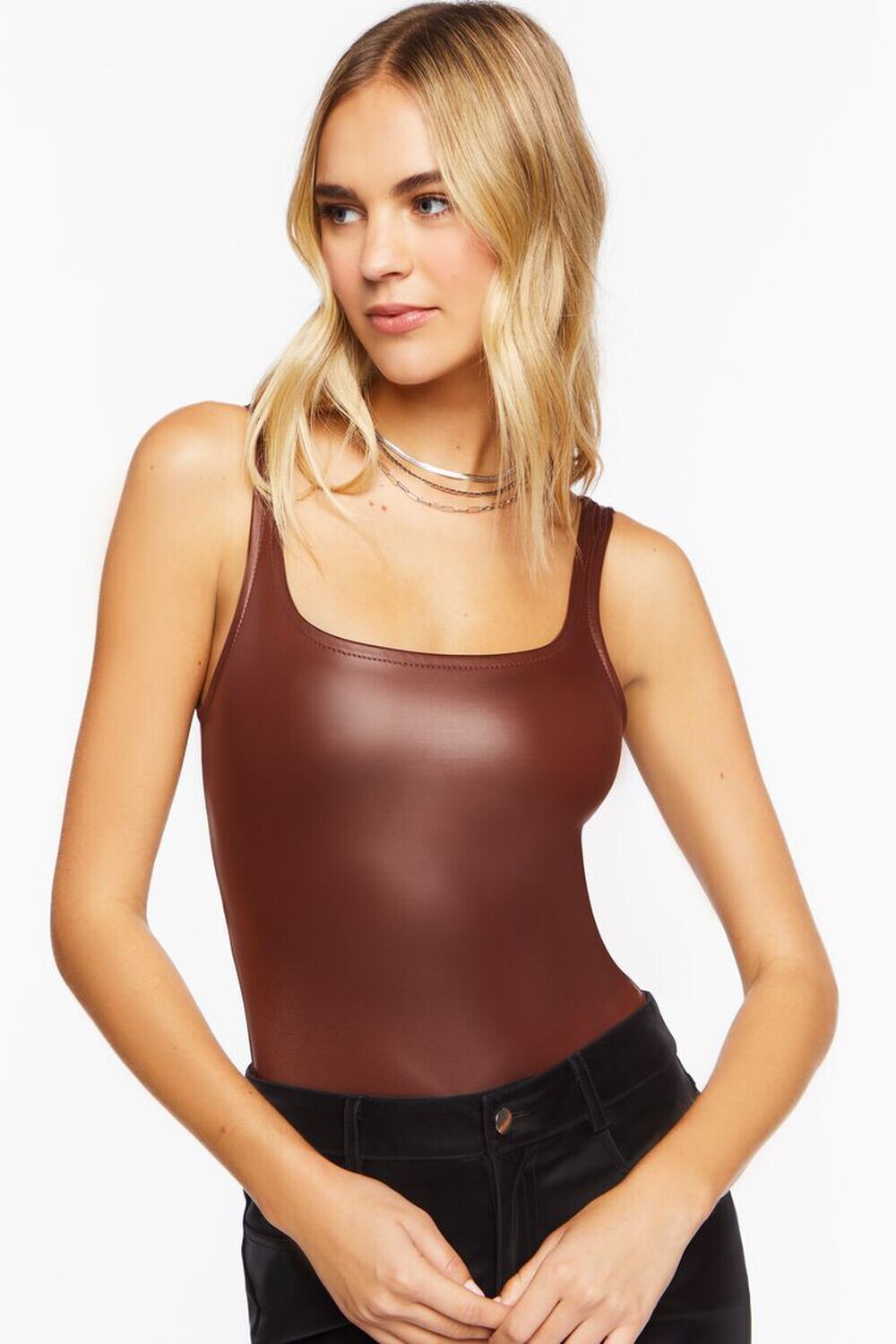 

Боди на бретельках из искусственной кожи Forever 21, коричневый