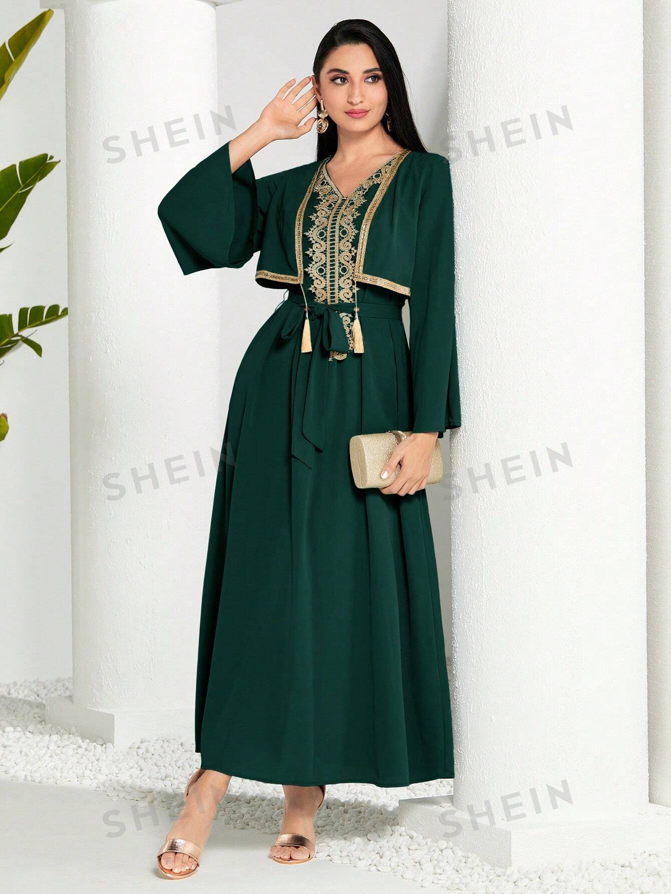 SHEIN Modely женское арабское платье в стиле пэчворк из тканой ленты с бахромой и длинными рукавами, темно-зеленый
