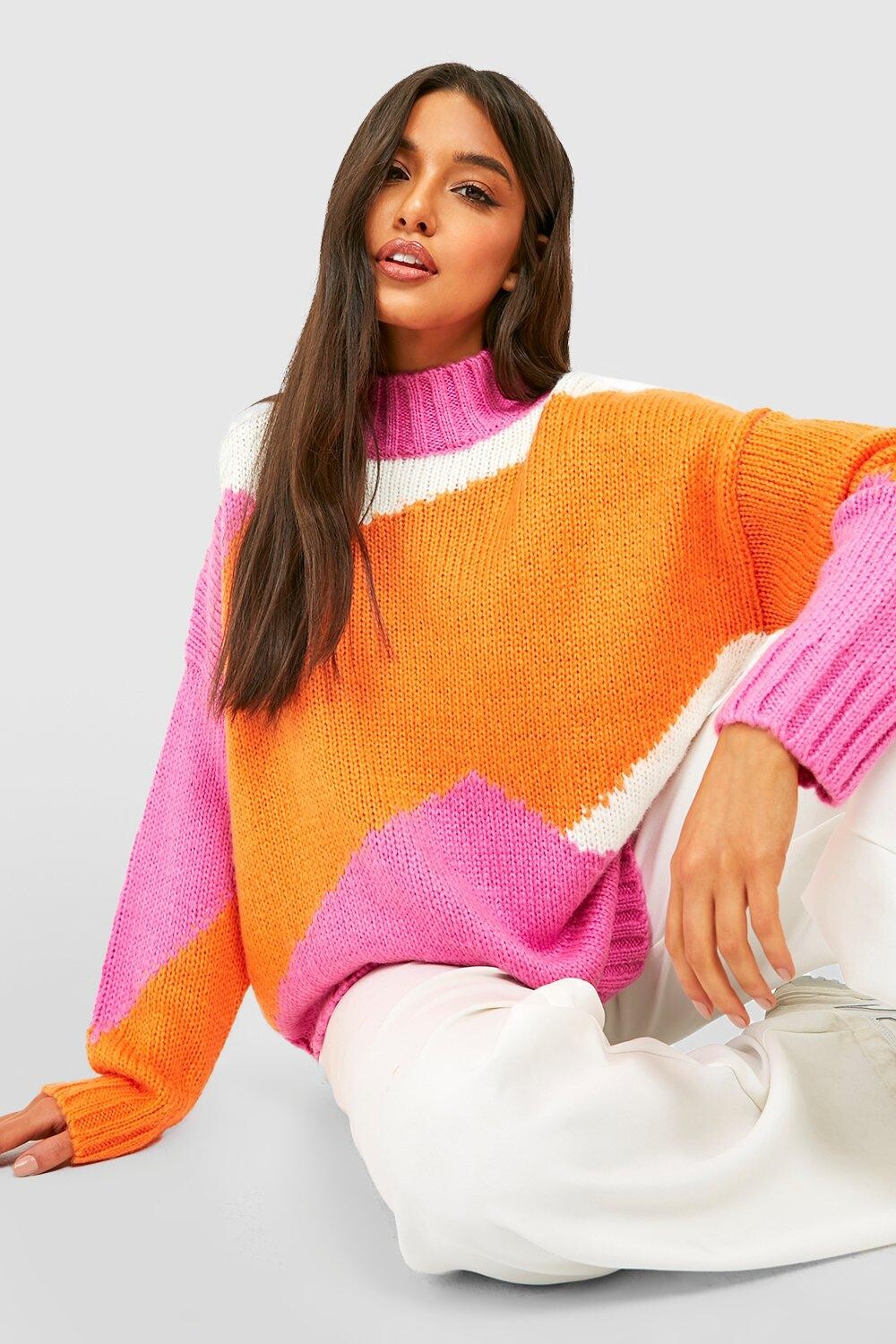 

Трикотажный свитер с круглым вырезом color block Boohoo, розовый