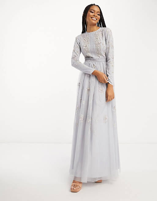 

Голубое платье макси с длинными рукавами и цветочной вышивкой ASOS DESIGN Bridesmaid Bridesmaid