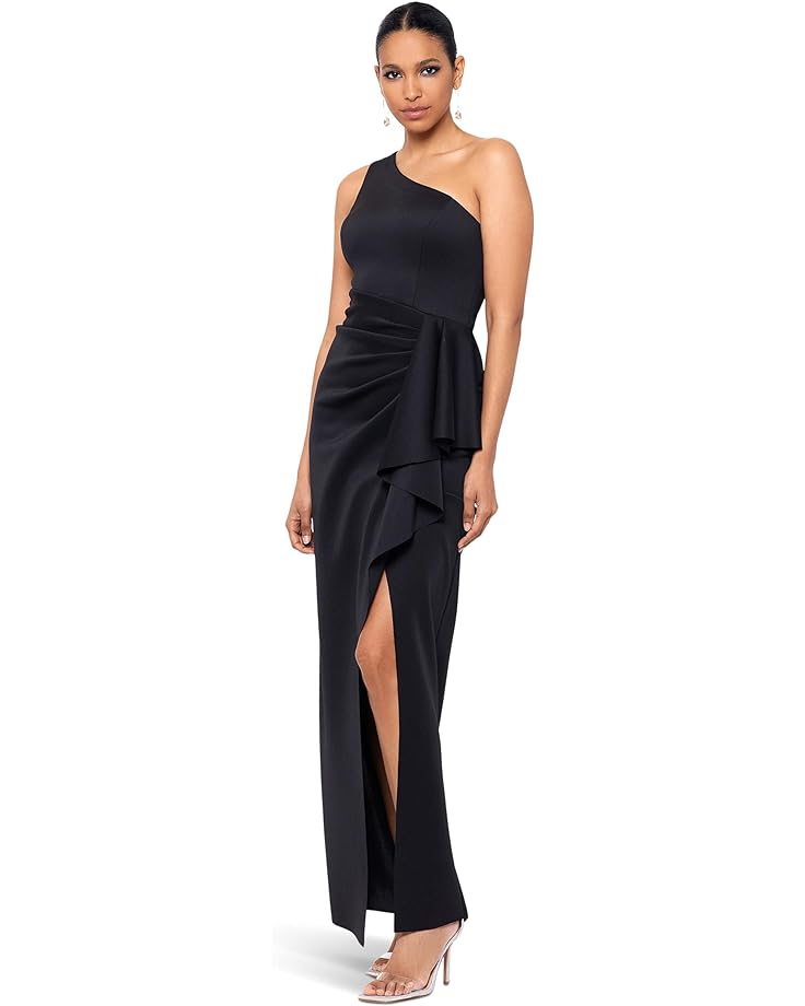 Платье XSCAPE Long Scuba One Shoulder Ruffle, черный цена и фото