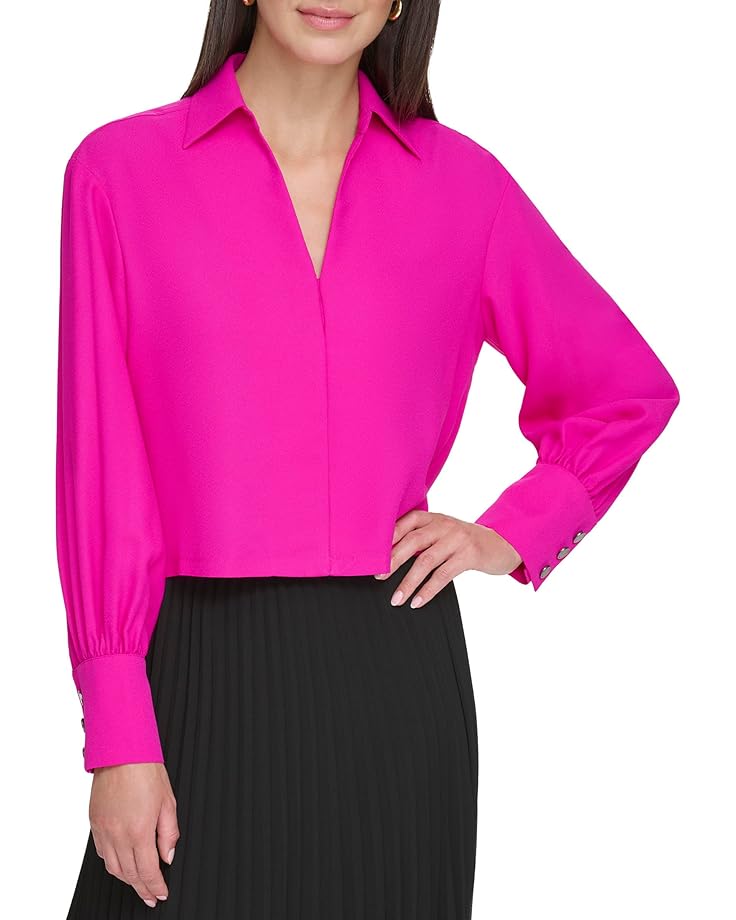 блуза dkny v neck long sleeve blouse черный Блуза DKNY Long Sleeve Collard V-Neck Satin, фуксия