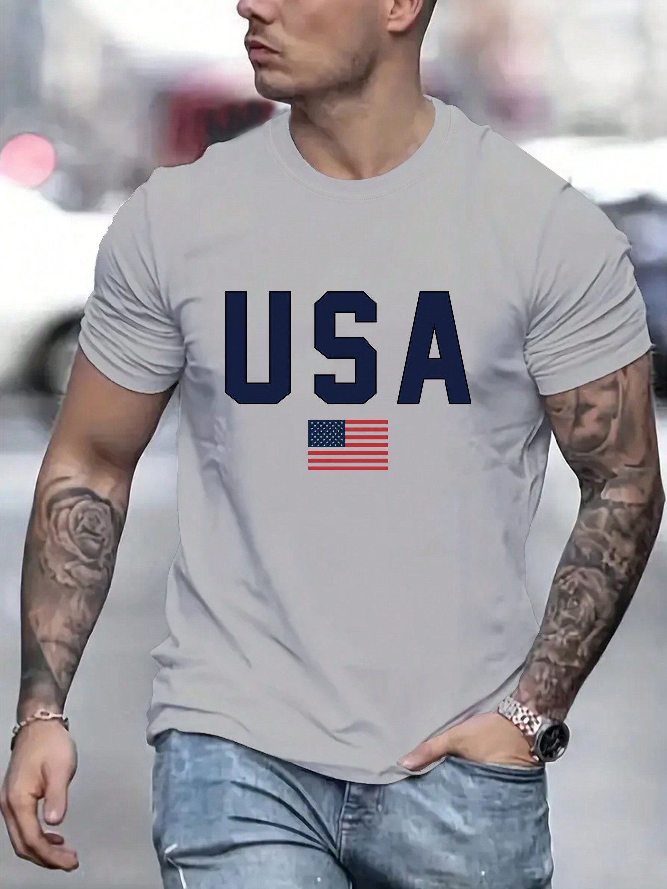 Мужская футболка с коротким рукавом с принтом букв и американского флага, светло-серый