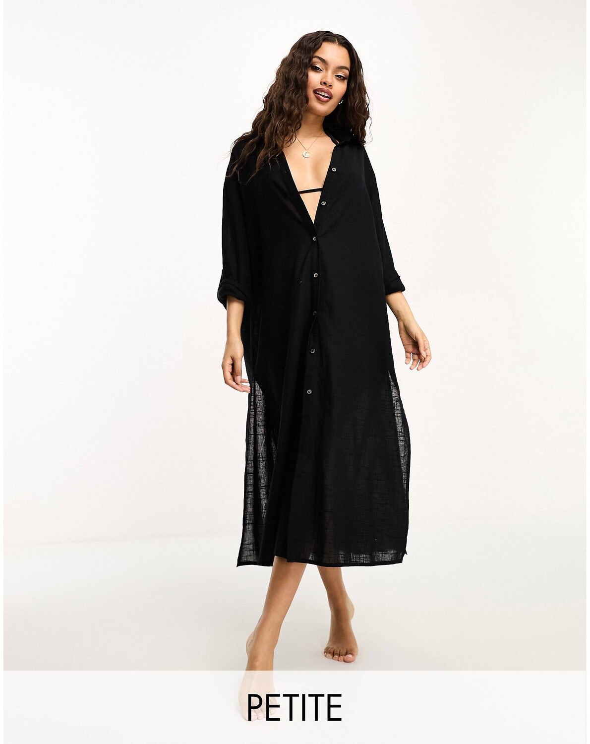 

Черная пляжная рубашка макси с эффектом льна Miss Selfridge Petite