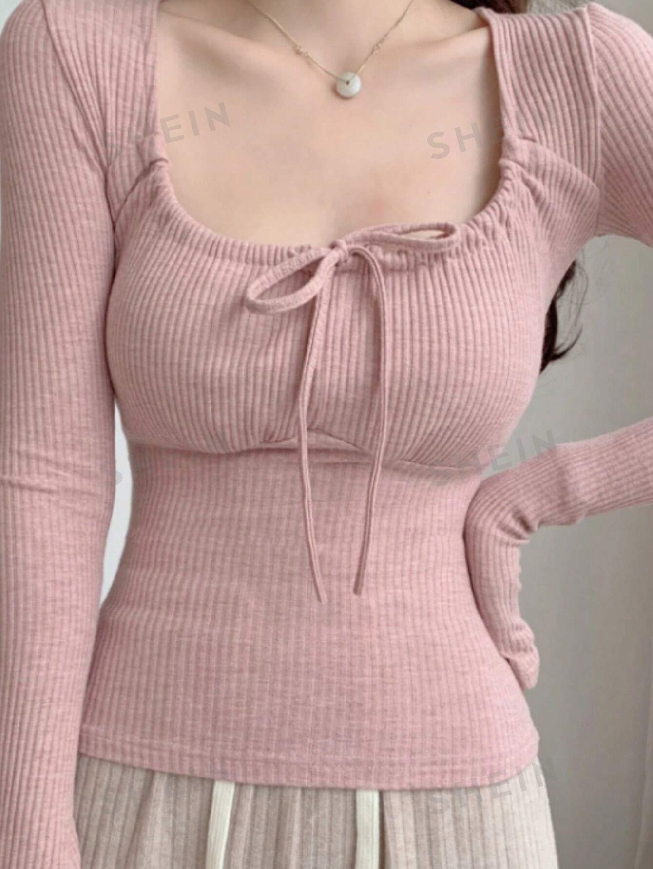 SHEIN LUNE Женская футболка с круглым вырезом и короткими рукавами, розовый