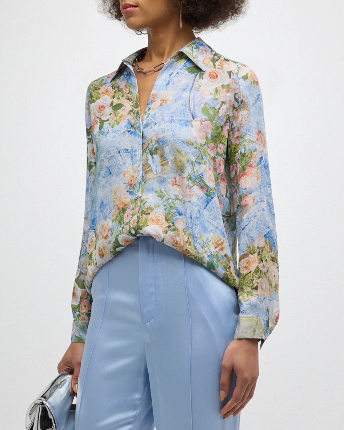

Шелковая блузка Nina с цветочным принтом L'Agence, цвет Multi Floral Denim